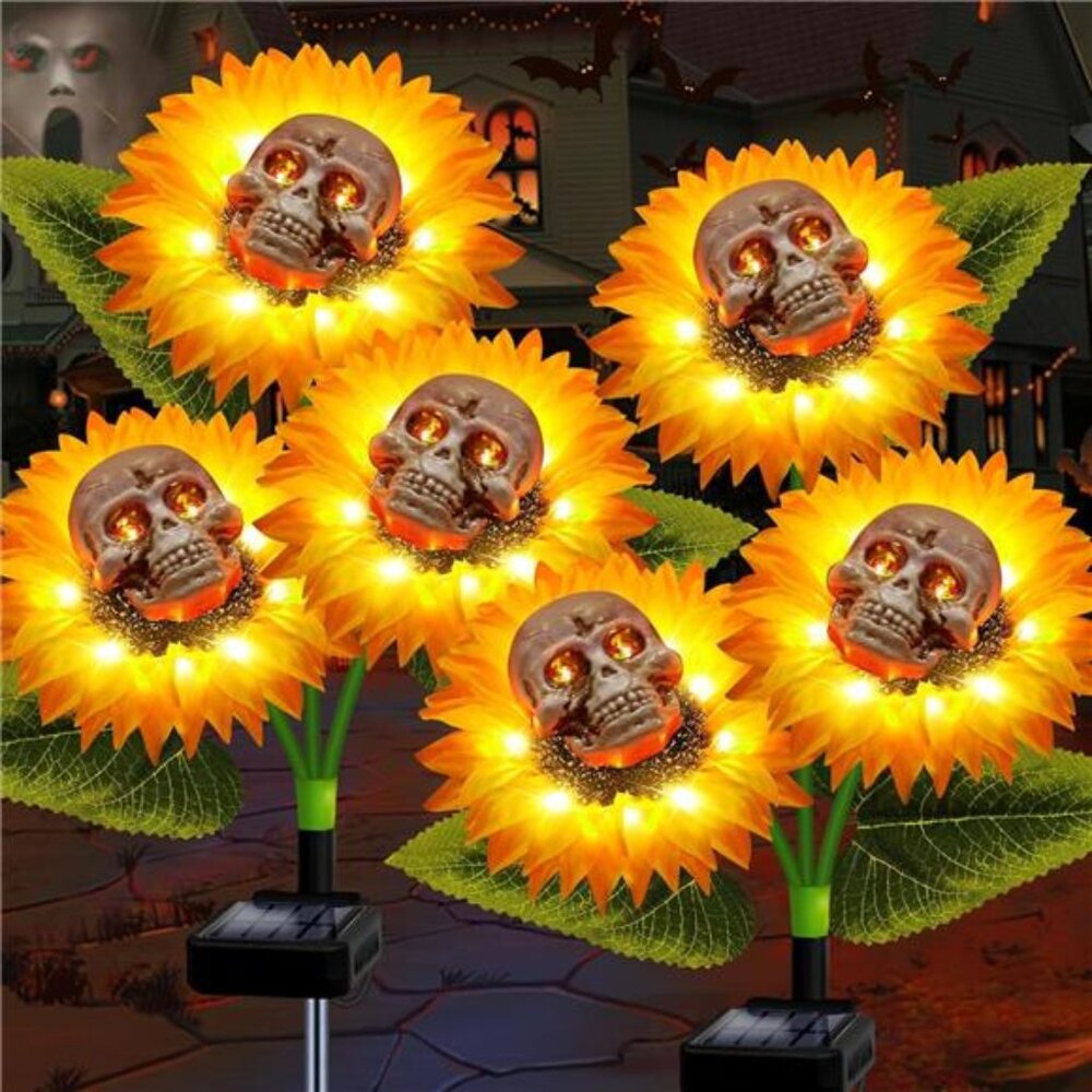 Solar Halloween Skull Sunflower Lights for Outdoor Flower Gardens 2 Pack 6 Heads
